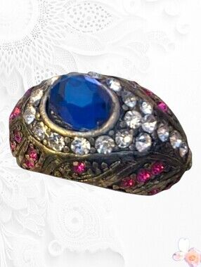 Vintage Rhinestone Statement Ring Silver-Tone Blue & Pink 116